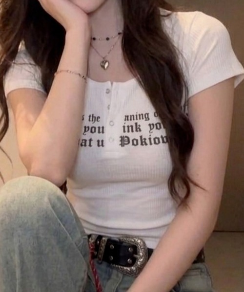 おしゃれスタ(オシャレスタ)の「レタリングプリント コンパクトTシャツ(Tシャツ/カットソー・レディース・ライトブルー/ピンク/ブラック/オレンジ/ブルー/ホワイト・S/M/L/XL)」の8枚目の写真