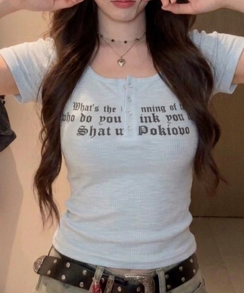 おしゃれスタ(オシャレスタ)の「レタリングプリント コンパクトTシャツ(Tシャツ/カットソー・レディース・ライトブルー/ピンク/ブラック/オレンジ/ブルー/ホワイト・S/M/L/XL)」の11枚目の写真