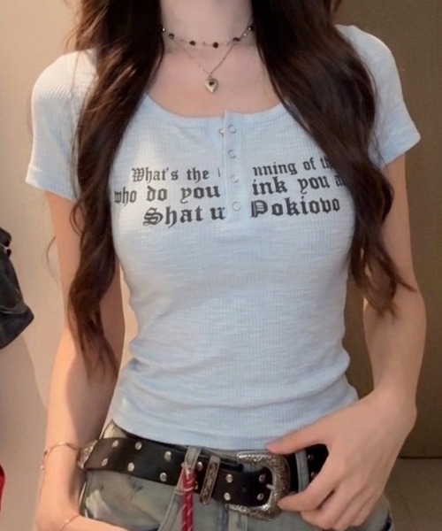 おしゃれスタ(オシャレスタ)の「レタリングプリント コンパクトTシャツ(Tシャツ/カットソー・レディース・ライトブルー/ピンク/ブラック/オレンジ/ブルー/ホワイト・S/M/L/XL)」の12枚目の写真