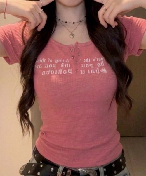 おしゃれスタ(オシャレスタ)の「レタリングプリント コンパクトTシャツ(Tシャツ/カットソー・レディース・ライトブルー/ピンク/ブラック/オレンジ/ブルー/ホワイト・S/M/L/XL)」の16枚目の写真