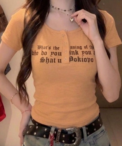 おしゃれスタ(オシャレスタ)の「レタリングプリント コンパクトTシャツ(Tシャツ/カットソー・レディース・ライトブルー/ピンク/ブラック/オレンジ/ブルー/ホワイト・S/M/L/XL)」の17枚目の写真