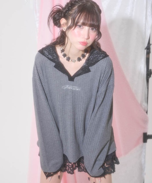 FickleBebe(フィクルベベ)の「オーバーレースフーディ(カーディガン/ボレロ・レディース・グレー/ブラック/ホワイト・FREE)」の3枚目の写真