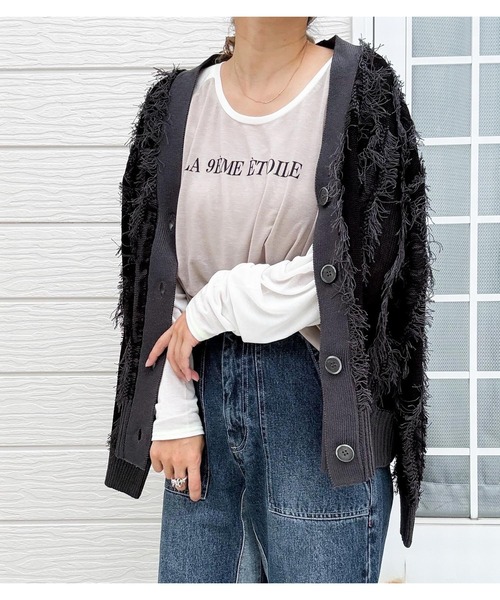 Q(キュー)の「リネンライクフリンジカーデ 秋冬 軽アウター(カーディガン/ボレロ・レディース・ベージュ/チャコールグレー・MEDIUM)」の7枚目の写真