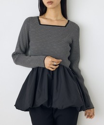 バルーンドッキングニットトップス 秋服 冬服 春服 異素材ドッキング ペプラムトップス デザイントップス 細ボーダー 体系カバー