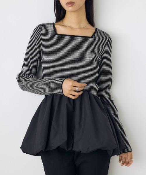AZUL by moussy（アズールバイマウジー）の「バルーンドッキングニットトップス 秋服　冬服　春服　異素材ドッキング　ペプラムトップス　デザイントップス　細ボーダー　体系カバー（ニット/セーター・レディース・杢グレー/ブラック系その他/ブラック・FREE）」の3枚目の写真