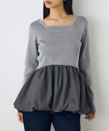 バルーンドッキングニットトップス 秋服　冬服　春服　異素材ドッキング　ペプラムトップス　デザイントップス　細ボーダー　体系カバー