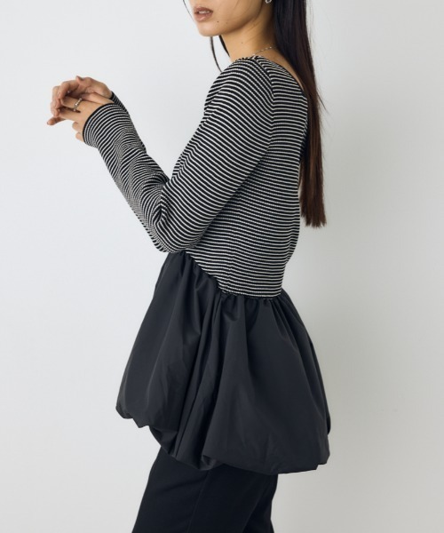 AZUL by moussy（アズールバイマウジー）の「バルーンドッキングニットトップス 秋服　冬服　春服　異素材ドッキング　ペプラムトップス　デザイントップス　細ボーダー　体系カバー（ニット/セーター・レディース・杢グレー/ブラック系その他/ブラック・FREE）」の18枚目の写真