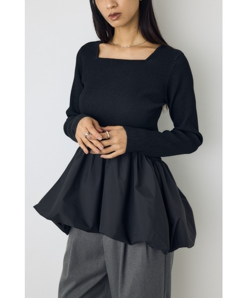 AZUL by moussy（アズールバイマウジー）の「バルーンドッキングニットトップス 秋服　冬服　春服　異素材ドッキング　ペプラムトップス　デザイントップス　細ボーダー　体系カバー（ニット/セーター・レディース・杢グレー/ブラック系その他/ブラック・FREE）」の10枚目の写真