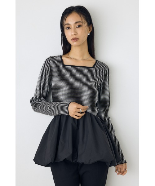 AZUL by moussy（アズールバイマウジー）の「バルーンドッキングニットトップス 秋服　冬服　春服　異素材ドッキング　ペプラムトップス　デザイントップス　細ボーダー　体系カバー（ニット/セーター・レディース・杢グレー/ブラック系その他/ブラック・FREE）」の19枚目の写真