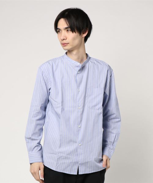 koe(コエ)の「ピンオックスバンドカラードロップ(シャツ/ブラウス・メンズ・オフホワイト/ストライプ/ブルー・L/M/S)」の1枚目の写真