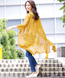 七分袖シースルーシフォン総柄&花柄ＵＶケアロングガウンカーディガン