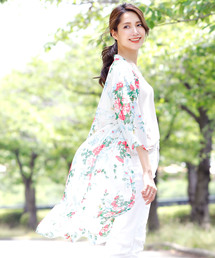 七分袖シースルーシフォン総柄&花柄UVケアロングガウンカーディガン