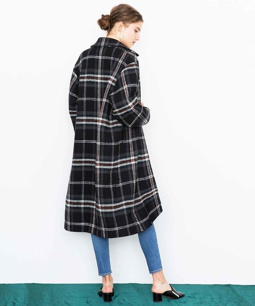 city（シティ）の「【CITY】ROVING CHECK OVER LONG COAT（ステンカラーコート・レディース・ホワイト/ブラック・1）」の3枚目の写真