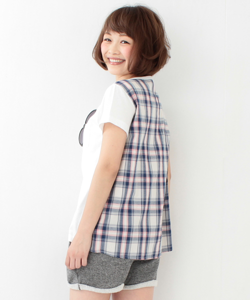 Ray BEAMS(レイビームス)の「○Ray BEAMS / チェック切替え ポケットTシャツ(Tシャツ/カットソー・レディース・オフホワイト/シルバー/ネイビー・ONE SIZE)」の2枚目の写真