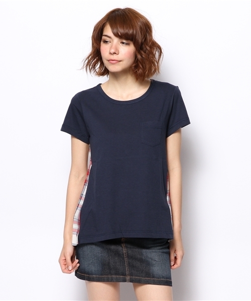 Ray BEAMS(レイビームス)の「○Ray BEAMS / チェック切替え ポケットTシャツ(Tシャツ/カットソー・レディース・オフホワイト/シルバー/ネイビー・ONE SIZE)」の1枚目の写真
