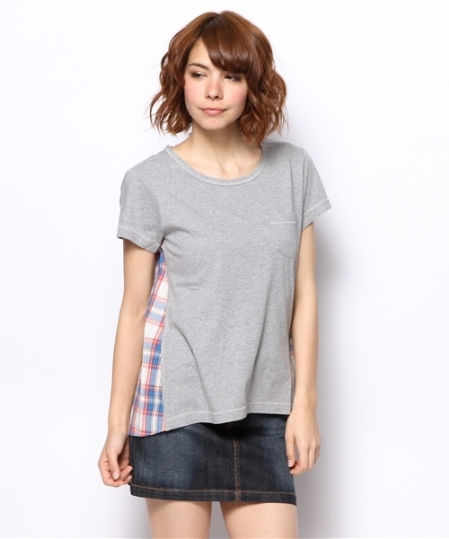 Ray BEAMS(レイビームス)の「○Ray BEAMS / チェック切替え ポケットTシャツ(Tシャツ/カットソー・レディース・オフホワイト/シルバー/ネイビー・ONE SIZE)」の3枚目の写真