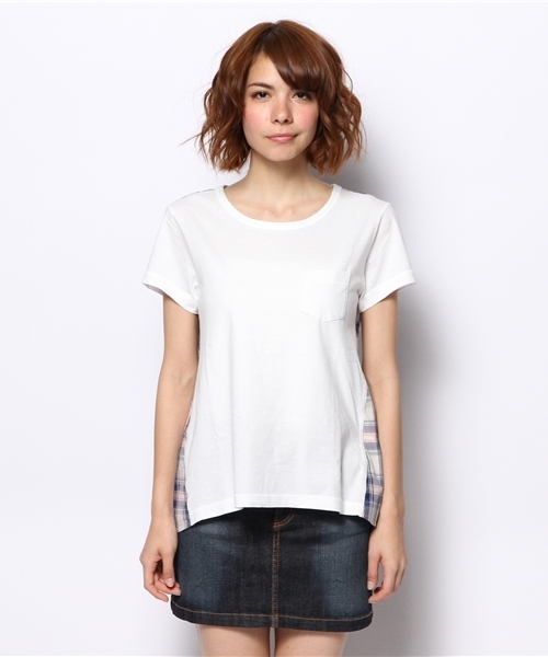 Ray BEAMS(レイビームス)の「○Ray BEAMS / チェック切替え ポケットTシャツ(Tシャツ/カットソー・レディース・オフホワイト/シルバー/ネイビー・ONE SIZE)」の4枚目の写真