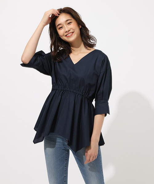 AZUL by moussy(アズールバイマウジー)の「WAIST SHAPE HEM TUNIC TOPS/ウエストシャープヘムトニックトップス(シャツ/ブラウス・レディース・ネイビー/オフホワイト/ブラウン・SMALL/MEDIUM)」の1枚目の写真