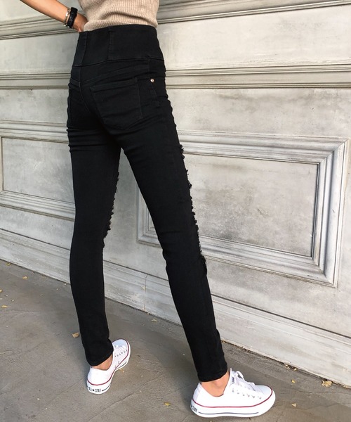 ボタンフライ/ハイウエストダメージスキニー（デニムパンツ）｜meJane