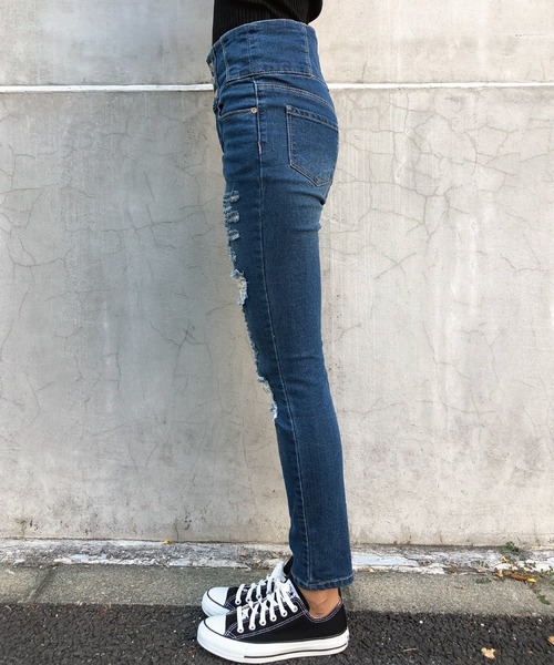 LGB　ダメージ　ショートパンツ　ボタンフライ　フロントボタン　ブラック ボタンフライ/ハイウエストダメージスキニー（デニムパンツ
