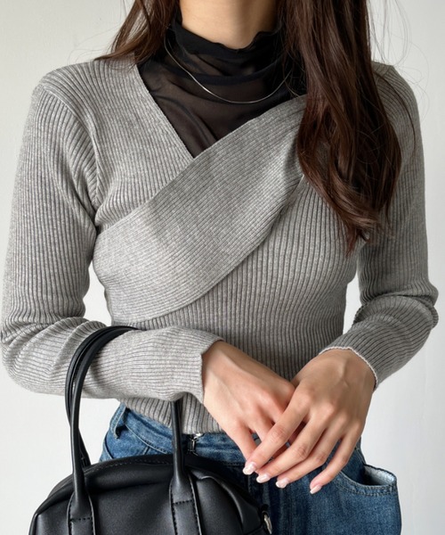 CLEA(クレア)の「クロスデザインリブニット(ニット/セーター・レディース・ホワイト/ブラック/グレイッシュベージュ/グリーン/イエロー/グレー/ライトブラウン・FREE)」の4枚目の写真