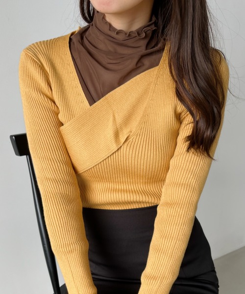 CLEA(クレア)の「クロスデザインリブニット(ニット/セーター・レディース・ホワイト/ブラック/グレイッシュベージュ/グリーン/イエロー/グレー/ライトブラウン・FREE)」の7枚目の写真