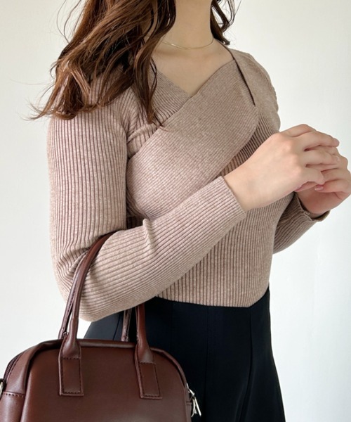 CLEA(クレア)の「クロスデザインリブニット(ニット/セーター・レディース・ホワイト/ブラック/グレイッシュベージュ/グリーン/イエロー/グレー/ライトブラウン・FREE)」の5枚目の写真