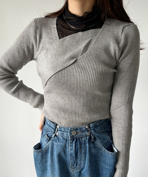 CLEA(クレア)の「クロスデザインリブニット(ニット/セーター・レディース・ホワイト/ブラック/グレイッシュベージュ/グリーン/イエロー/グレー/ライトブラウン・FREE)」の16枚目の写真