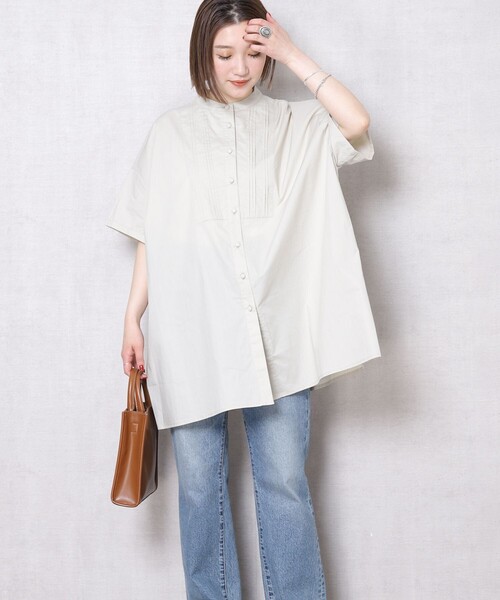 FREAK'S STORE（フリークスストア）の「▽【WEB限定】ハーフスリーブピンタックシャツ(スタンドカラーシャツ)（シャツ/ブラウス・レディース・ホワイト/ブラック/ベージュ/サックスブルー・ﾌﾘ-）」の10枚目の写真