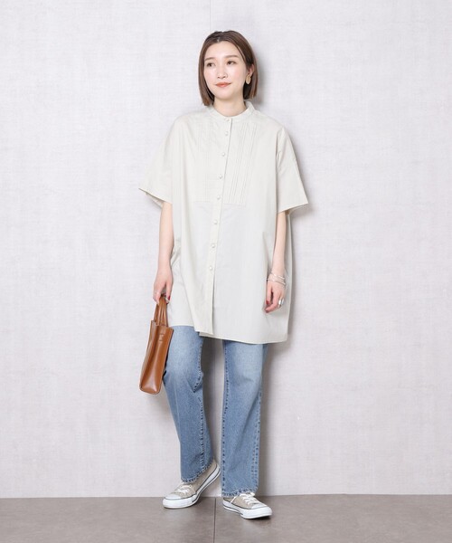 FREAK'S STORE（フリークスストア）の「▽【WEB限定】ハーフスリーブピンタックシャツ(スタンドカラーシャツ)（シャツ/ブラウス・レディース・ホワイト/ブラック/ベージュ/サックスブルー・ﾌﾘ-）」の12枚目の写真