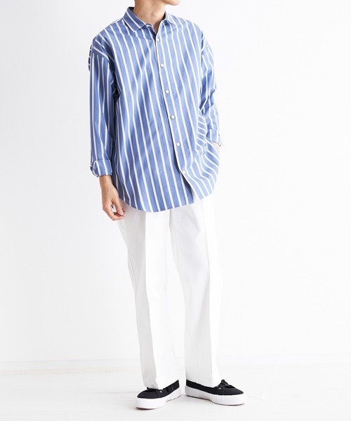 UNDECORATED（アンデコレイテッド）の「UNDECORATED アンデコレイテッド / Hi Count Cotton Stripe L/S Shirt 高密度コットン ストライプ オーバーサイズ長袖シャツ / UDS22204（シャツ/ブラウス・メンズ・ベージュ/ブルー・3/2/1）」の16枚目の写真