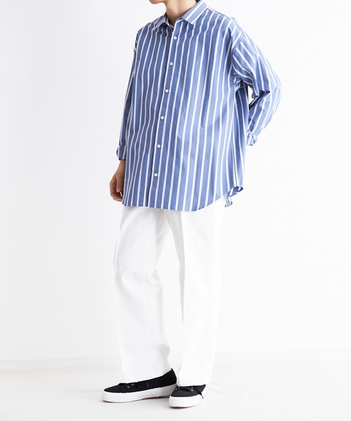 UNDECORATED（アンデコレイテッド）の「UNDECORATED アンデコレイテッド / Hi Count Cotton Stripe L/S Shirt 高密度コットン ストライプ オーバーサイズ長袖シャツ / UDS22204（シャツ/ブラウス・メンズ・ベージュ/ブルー・3/2/1）」の17枚目の写真