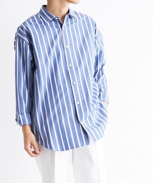 UNDECORATED（アンデコレイテッド）の「UNDECORATED アンデコレイテッド / Hi Count Cotton Stripe L/S Shirt 高密度コットン ストライプ オーバーサイズ長袖シャツ / UDS22204（シャツ/ブラウス・メンズ・ベージュ/ブルー・3/2/1）」の15枚目の写真