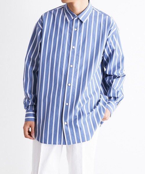 UNDECORATED（アンデコレイテッド）の「UNDECORATED アンデコレイテッド / Hi Count Cotton Stripe L/S Shirt 高密度コットン ストライプ オーバーサイズ長袖シャツ / UDS22204（シャツ/ブラウス・メンズ・ベージュ/ブルー・3/2/1）」の14枚目の写真