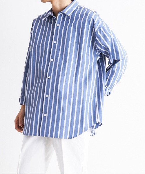 UNDECORATED（アンデコレイテッド）の「UNDECORATED アンデコレイテッド / Hi Count Cotton Stripe L/S Shirt 高密度コットン ストライプ オーバーサイズ長袖シャツ / UDS22204（シャツ/ブラウス・メンズ・ベージュ/ブルー・3/2/1）」の13枚目の写真