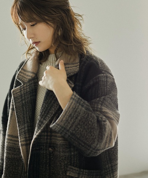 Fashion Letter（ファッションレター）の「チェック柄ミドル丈ダブルジャケット（チェスターコート・レディース・ベージュ/ブラウン・M/L）」の14枚目の写真