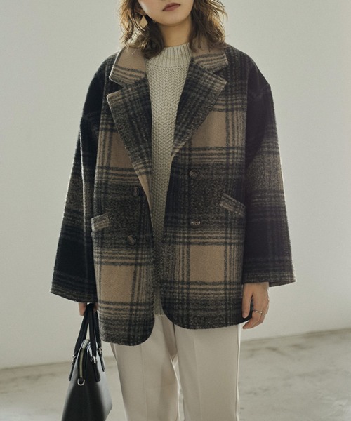 Fashion Letter（ファッションレター）の「チェック柄ミドル丈ダブルジャケット（チェスターコート・レディース・ベージュ/ブラウン・M/L）」の15枚目の写真