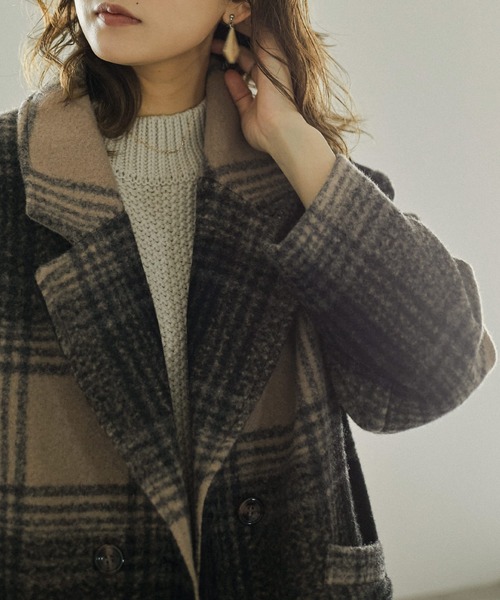 Fashion Letter（ファッションレター）の「チェック柄ミドル丈ダブルジャケット（チェスターコート・レディース・ベージュ/ブラウン・M/L）」の18枚目の写真