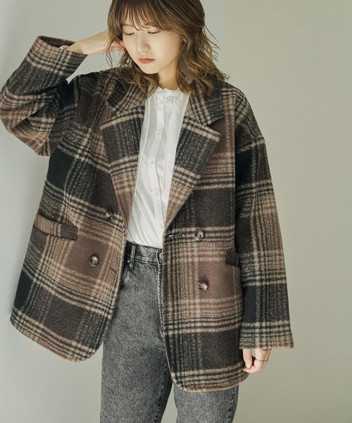 Fashion Letter（ファッションレター）の「チェック柄ミドル丈ダブルジャケット（チェスターコート・レディース・ベージュ/ブラウン・M/L）」の19枚目の写真