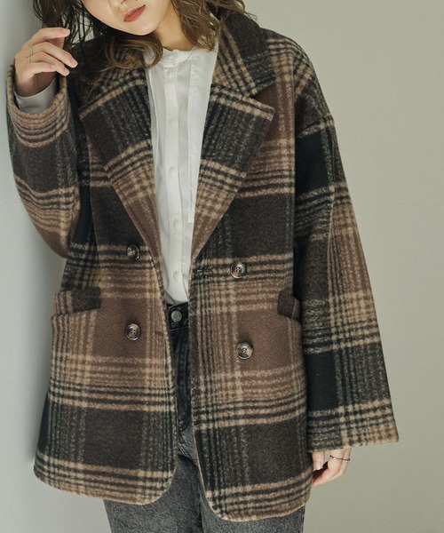 Fashion Letter（ファッションレター）の「チェック柄ミドル丈ダブルジャケット（チェスターコート・レディース・ベージュ/ブラウン・M/L）」の20枚目の写真