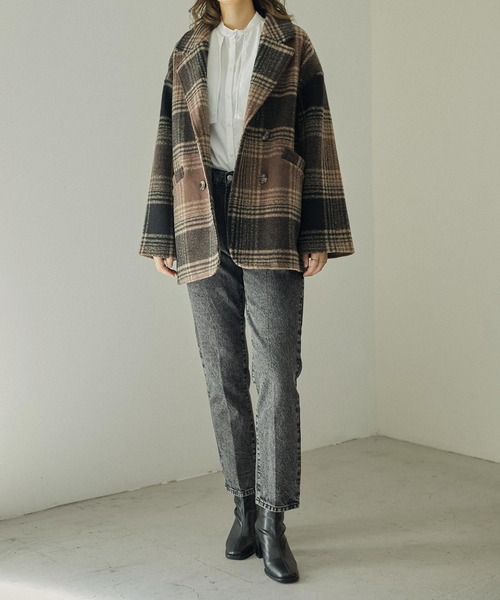 Fashion Letter（ファッションレター）の「チェック柄ミドル丈ダブルジャケット（チェスターコート・レディース・ベージュ/ブラウン・M/L）」の21枚目の写真