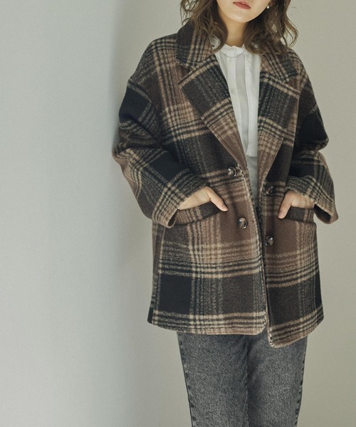 Fashion Letter（ファッションレター）の「チェック柄ミドル丈ダブルジャケット（チェスターコート・レディース・ベージュ/ブラウン・M/L）」の22枚目の写真