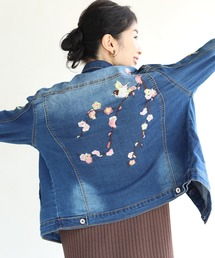 超伸縮 梅の花刺繍デニムジャケット