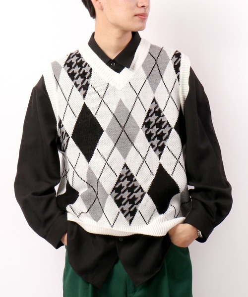 CIAO(チャオ)の「ciao ルーズ アーガイル柄&千鳥格子ベスト(ベスト・メンズ・ホワイト/ブラック/ブラウン・FREE)」の14枚目の写真