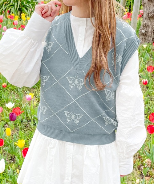 PairPair(ペアペア)の「バタフライジャガードベスト(ベスト・レディース・ブラック/ライトベージュ/グレイッシュブルー・フリー)」の6枚目の写真