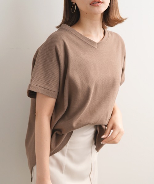 Futier land(フューティアランド)の「ワッフルVネックTシャツ(Tシャツ/カットソー・レディース・ホワイト/ブラック/チャコールグレー/モカ・MEDIUM)」の14枚目の写真