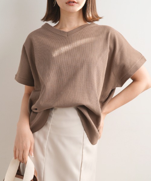 Futier land(フューティアランド)の「ワッフルVネックTシャツ(Tシャツ/カットソー・レディース・ホワイト/ブラック/チャコールグレー/モカ・MEDIUM)」の20枚目の写真