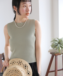 IENA | レーヨンコットン RIB ボートネック ノースリーブ プルオーバー(ニット/セーター)