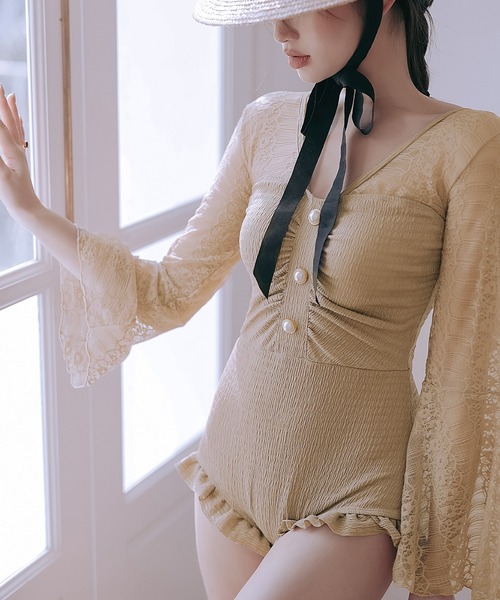 OSYAREVO（オシャレボ）の「ドッキングレース ベルスリーブ ワンピース 水着 レディース（水着・レディース・ベージュ・MEDIUM/LARGE/X-LARGE）」の4枚目の写真