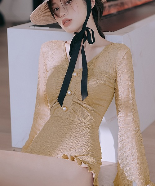 OSYAREVO（オシャレボ）の「ドッキングレース ベルスリーブ ワンピース 水着 レディース（水着・レディース・ベージュ・MEDIUM/LARGE/X-LARGE）」の5枚目の写真